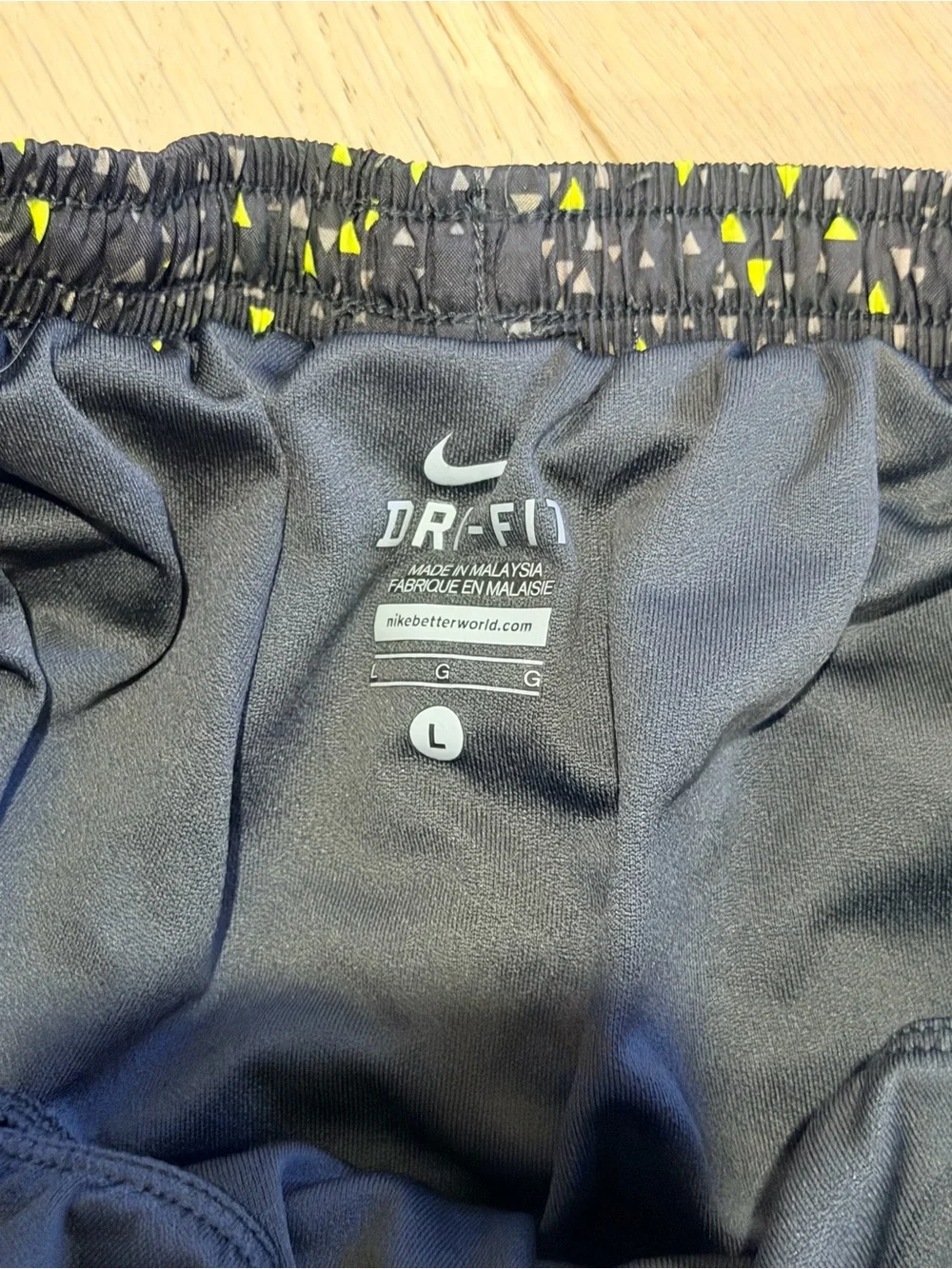 Nike Black Running Shorts with Neon Green Triangle Print size large